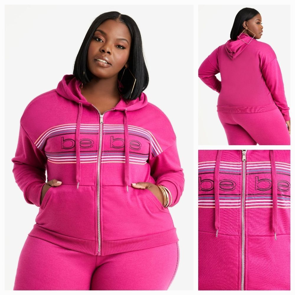 🔸️NWT Bebe Festival Fuchsia Stripe Logo Zippered Activewear Hoodie 1X